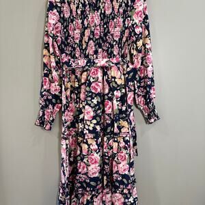 Women's Navy and Pink Floral Midi Dress with Long sleeves and belt- Medium, NEW